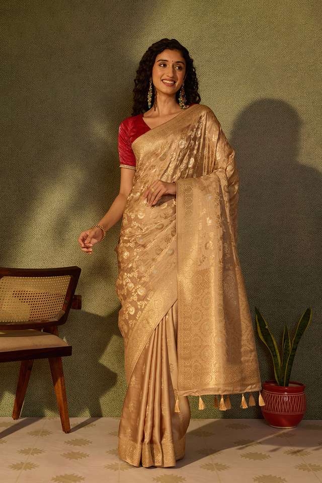 Beige Viscose Satin Woven Saree thumbnail image number null