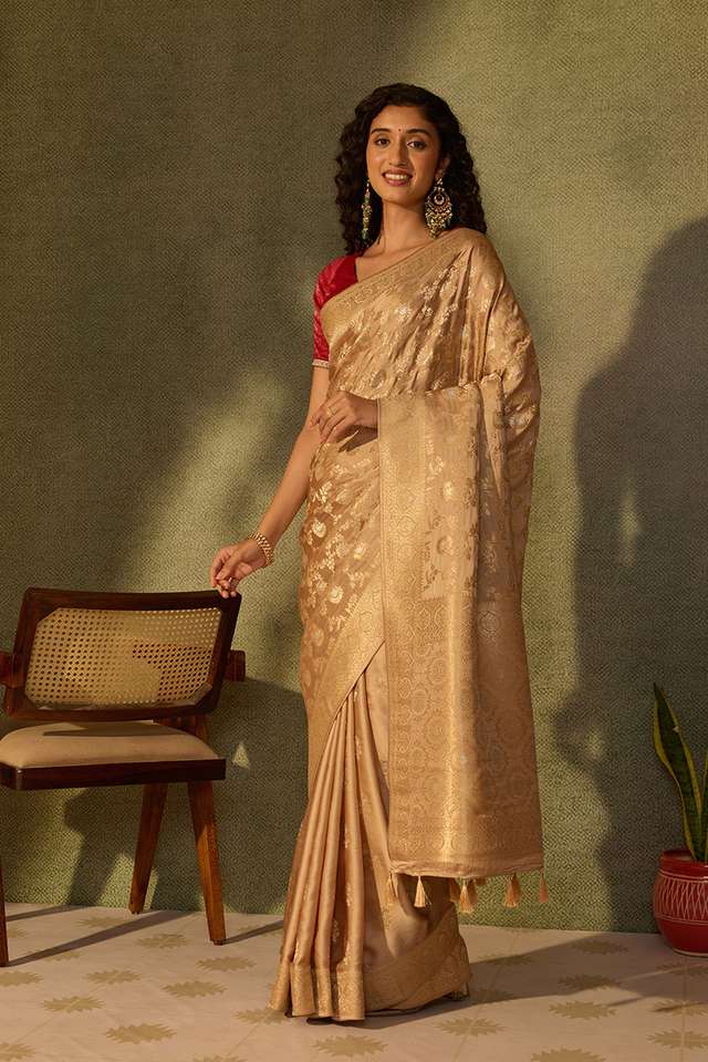 Beige Viscose Satin Woven Saree thumbnail image number null