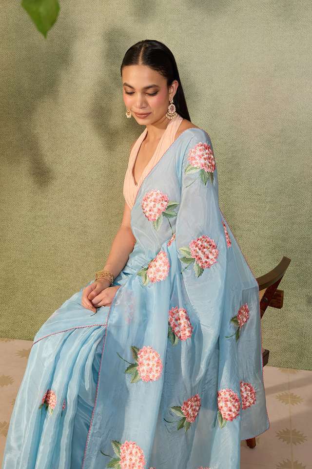 Blue Pure Viscose Embroidered Saree thumbnail image number null