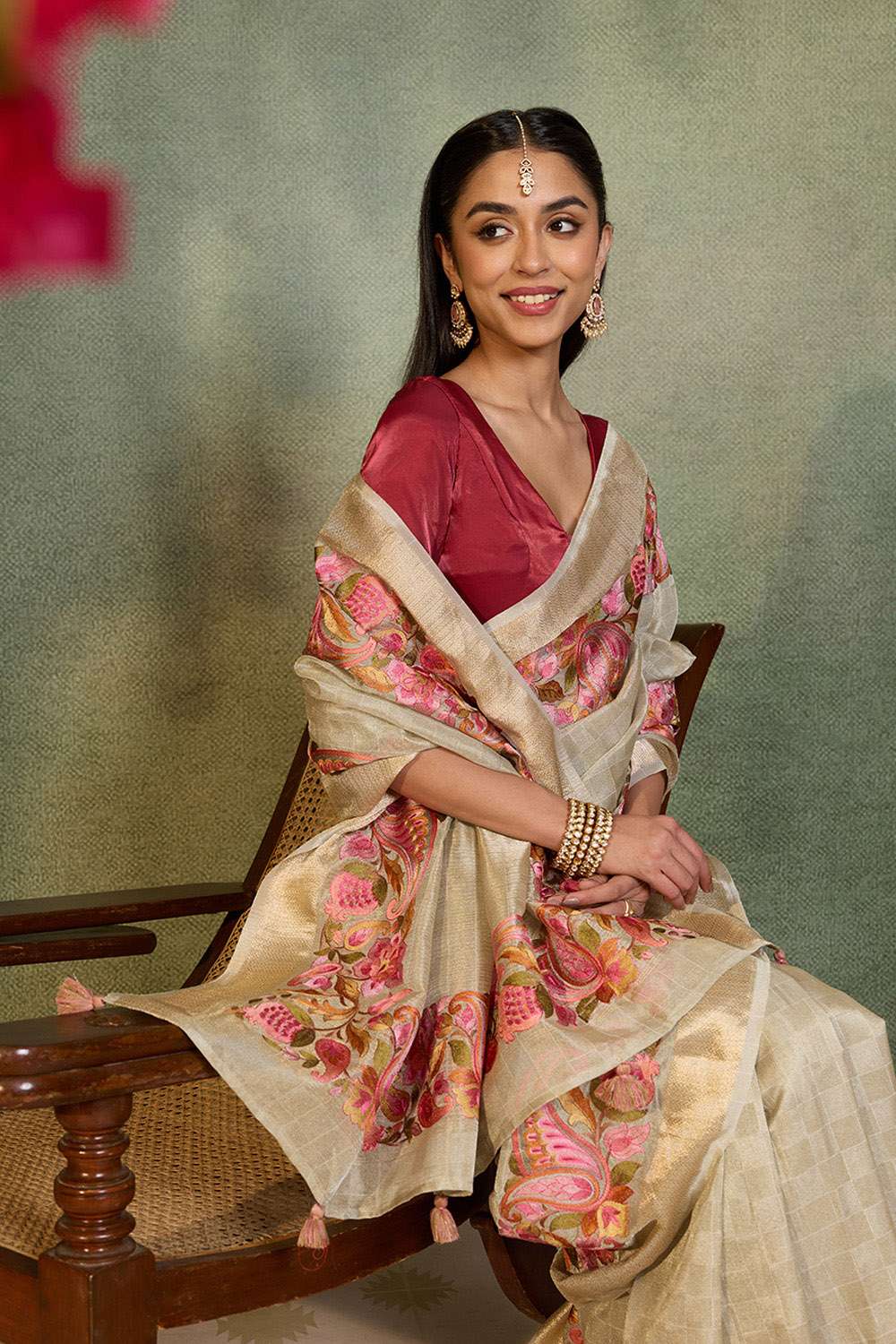 Grey Embroidered Viscose Tissue Saree image number null