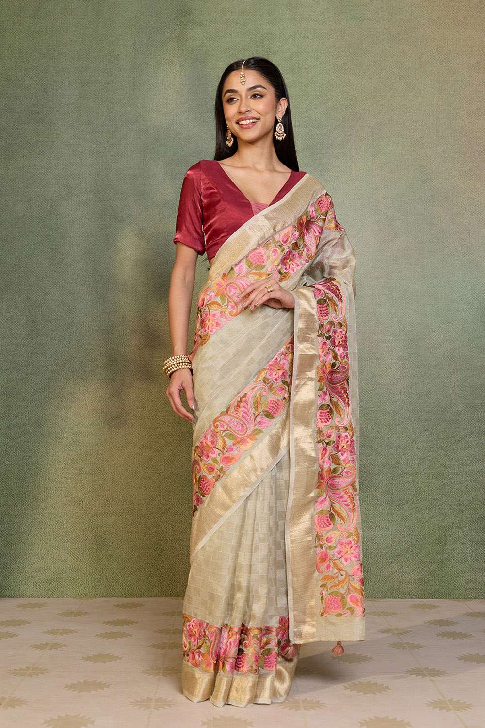 Grey Embroidered Viscose Tissue Saree image number null
