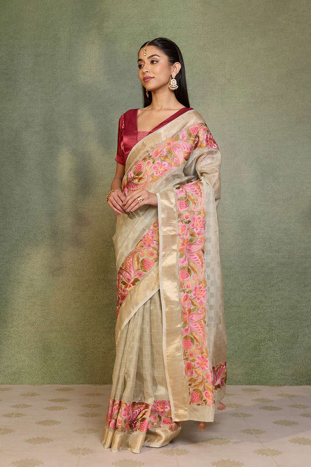 Grey Embroidered Viscose Tissue Saree image number null