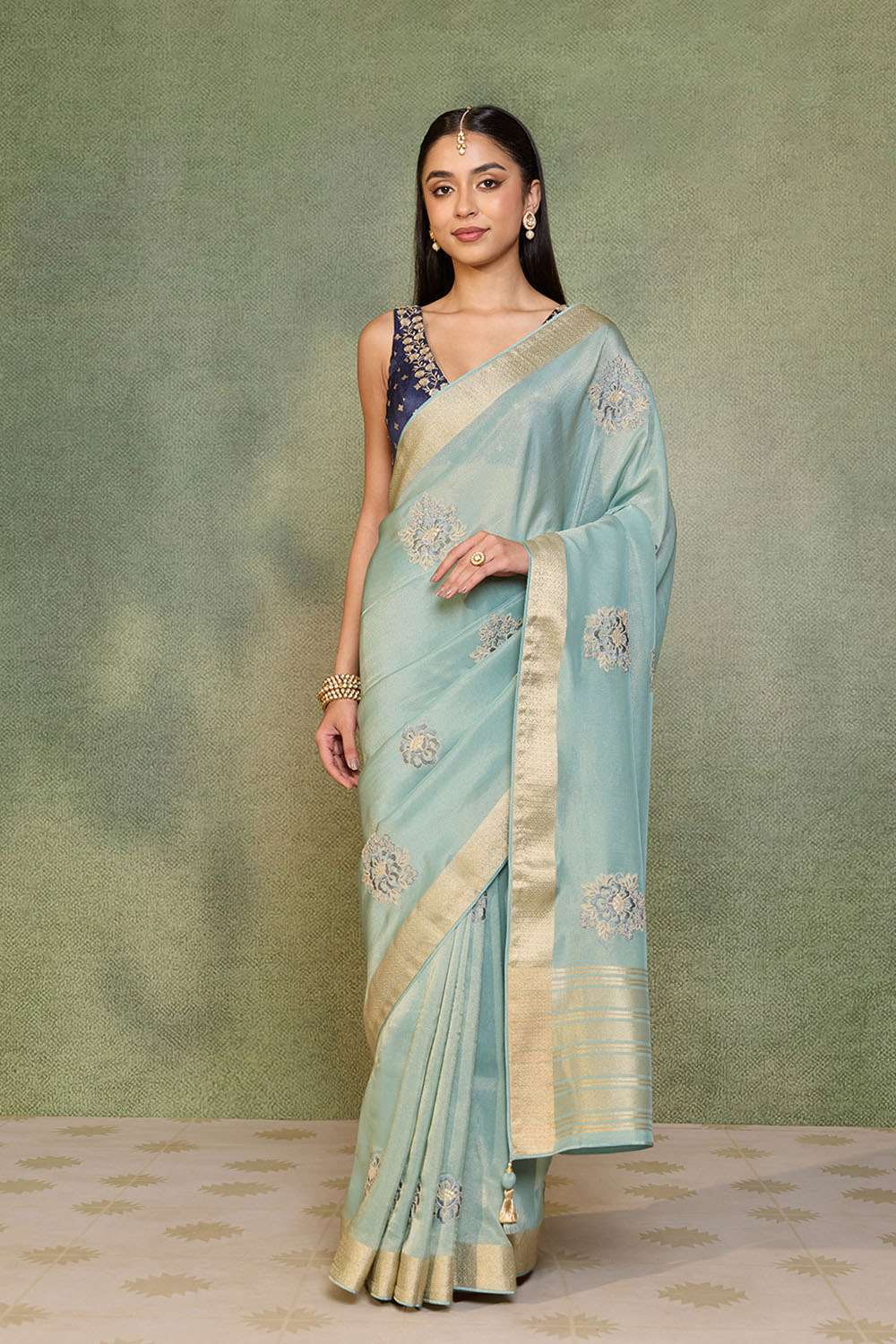Light Blue   Viscose Tissue Embroidered Saree image number null