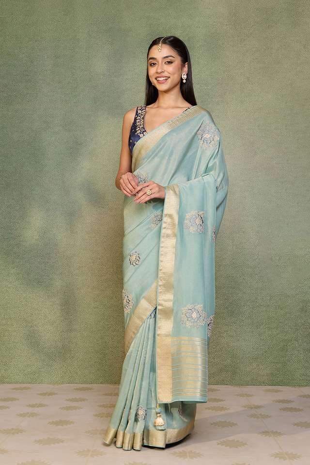 Light Blue   Viscose Tissue Embroidered Saree thumbnail image number null