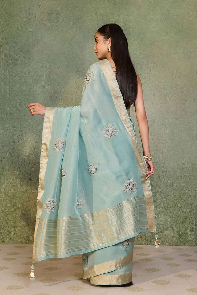 Light Blue   Viscose Tissue Embroidered Saree thumbnail image number null