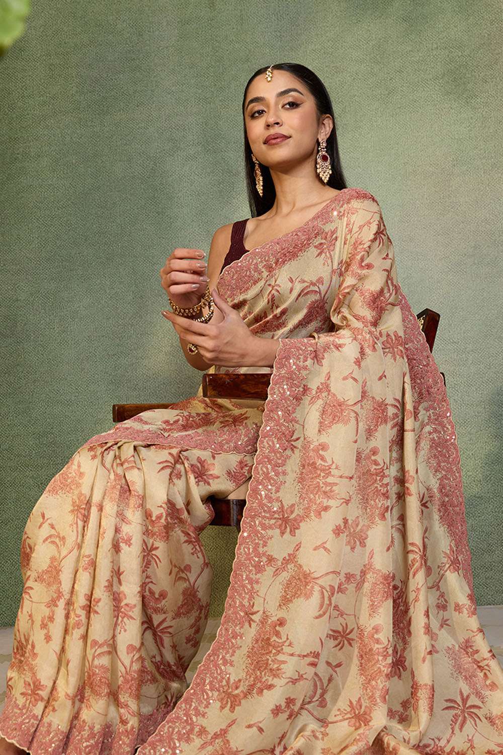 Beige Viscose Tissue Embroidered Saree image number null