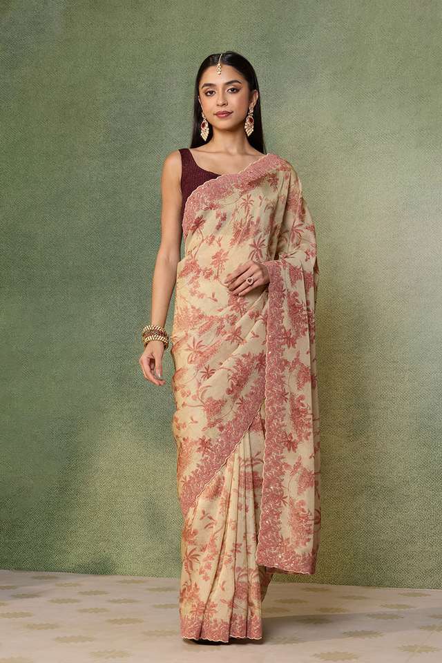 Beige Viscose Tissue Embroidered Saree thumbnail image number null