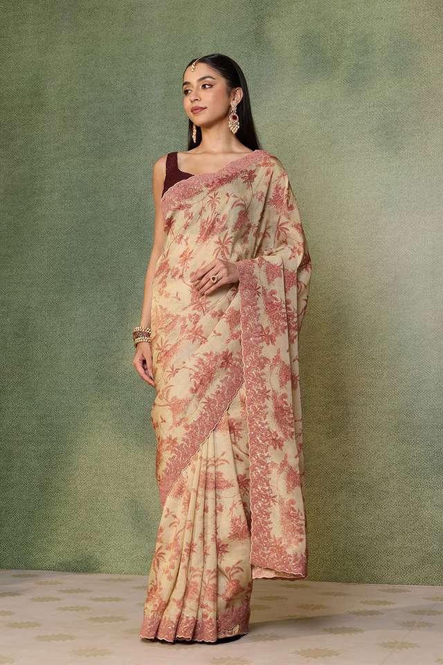 Beige Viscose Tissue Embroidered Saree thumbnail image number null