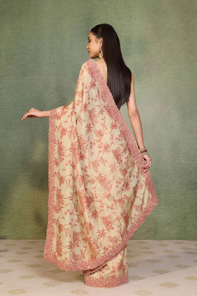 Beige Viscose Tissue Embroidered Saree thumbnail image number null