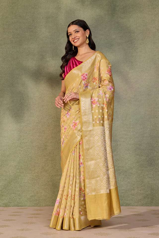 Light Yellow Printed Silk Viscose Saree thumbnail image number null