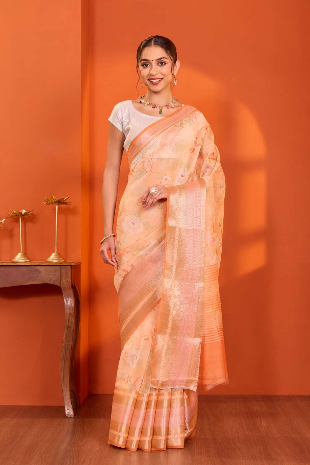 Orange  Printed Silk Viscose Saree image number null