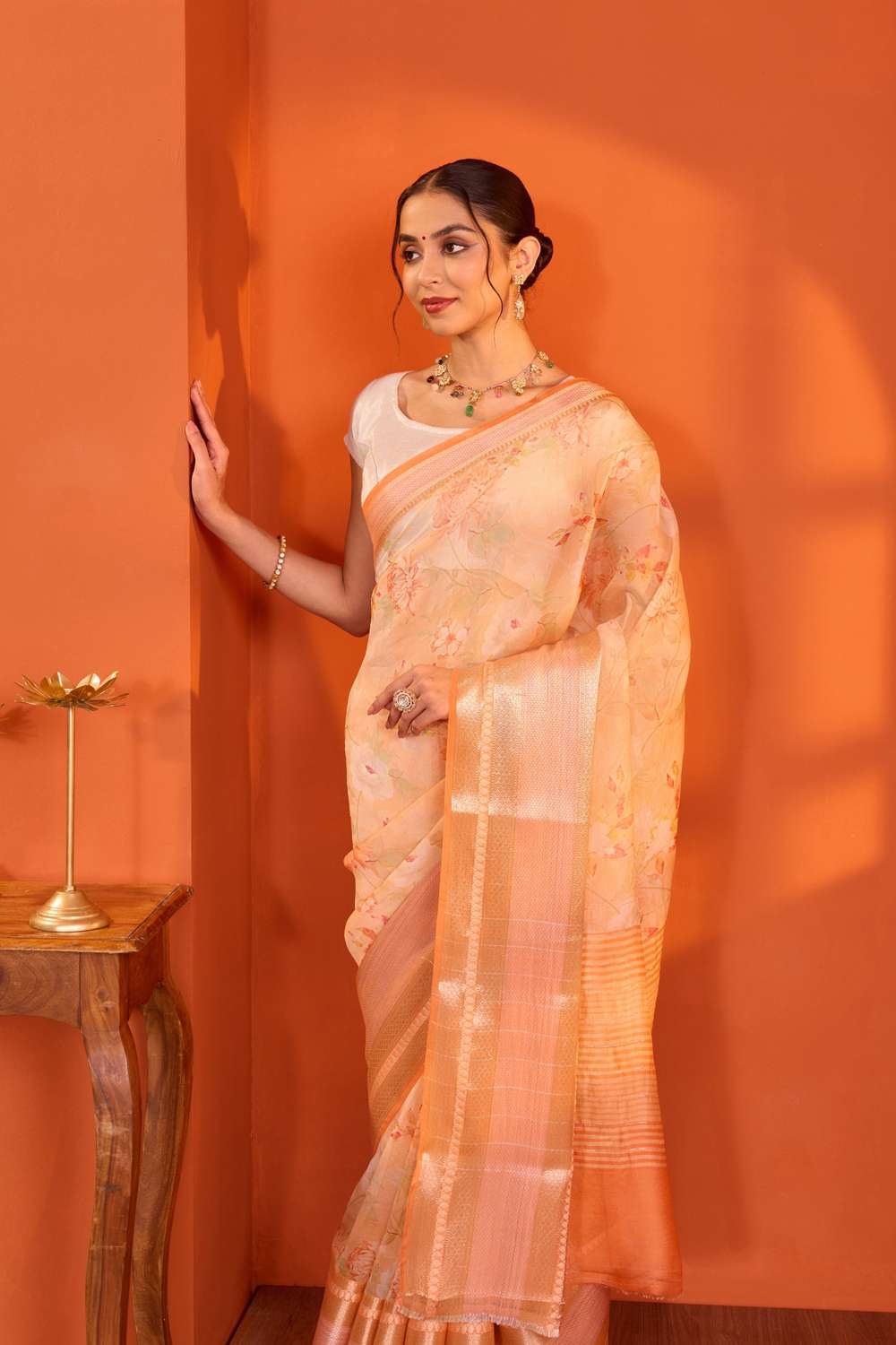 Orange  Printed Silk Viscose Saree image number null
