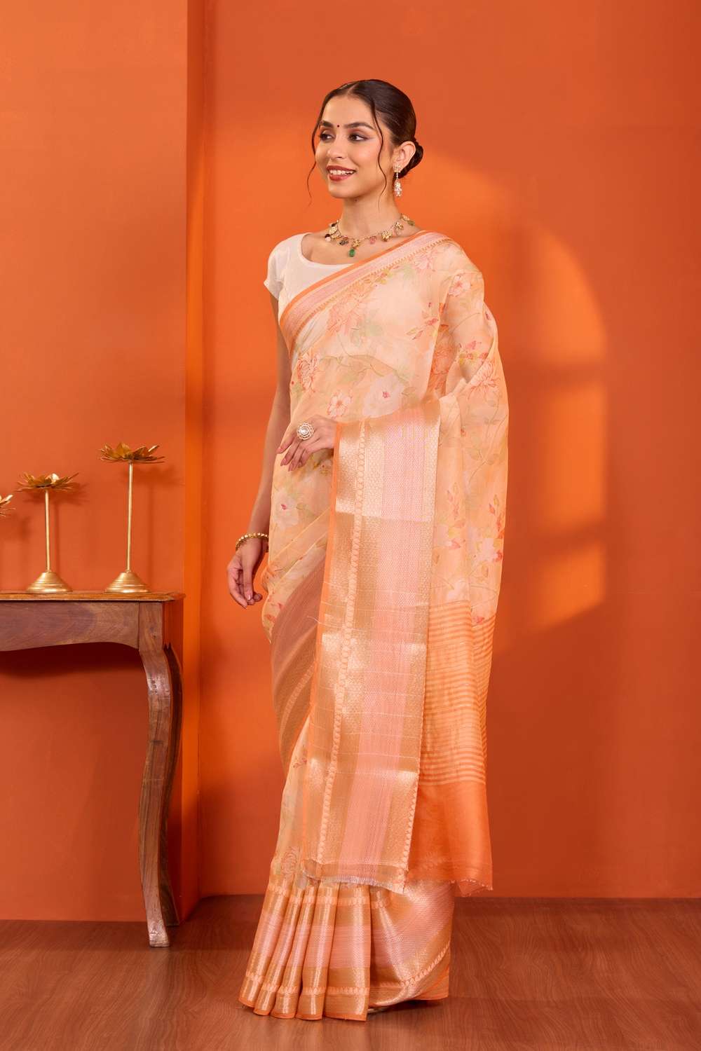Orange  Printed Silk Viscose Saree image number null