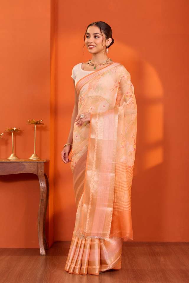 Orange  Printed Silk Viscose Saree thumbnail image number null