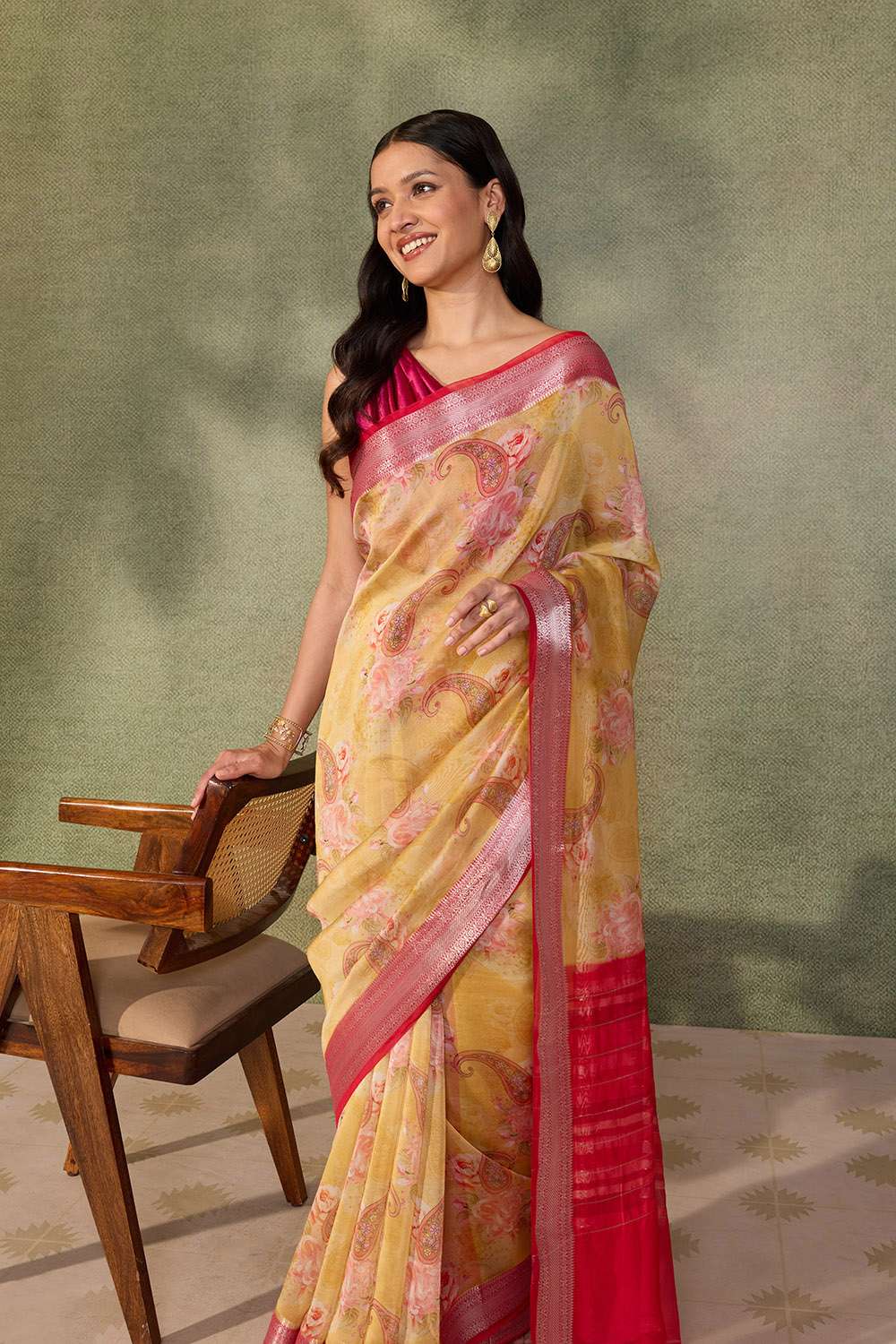 Yellow Printed Silk Viscose Saree image number null