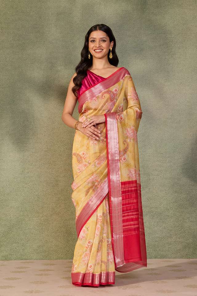 Yellow Printed Silk Viscose Saree thumbnail image number null
