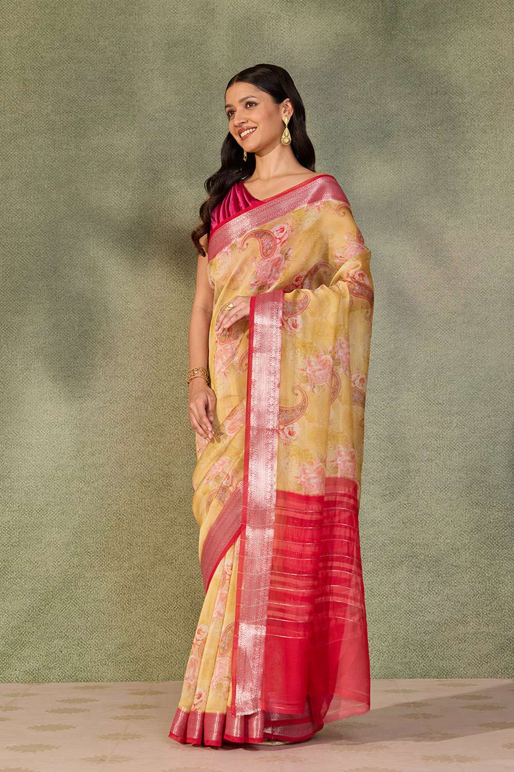 Yellow Printed Silk Viscose Saree image number null