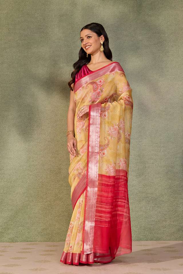 Yellow Printed Silk Viscose Saree thumbnail image number null