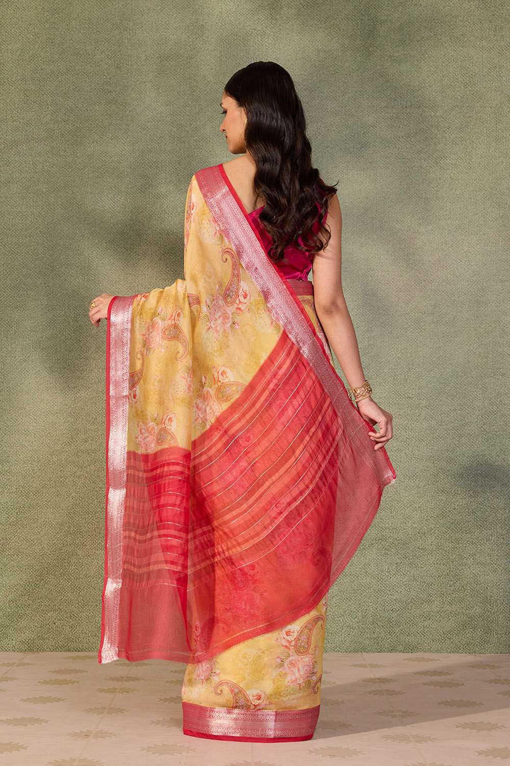 Yellow Printed Silk Viscose Saree image number null