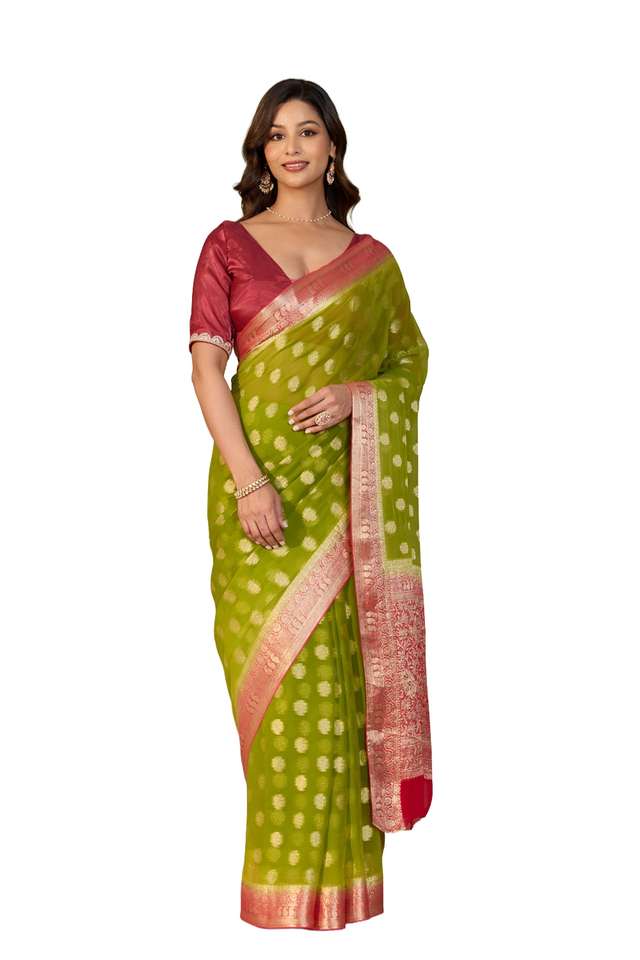 Green Woven Viscose Georgette Saree image number