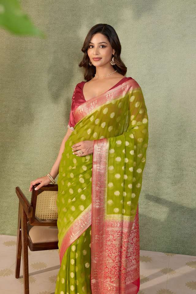 Green Woven Viscose Georgette Saree thumbnail image number null