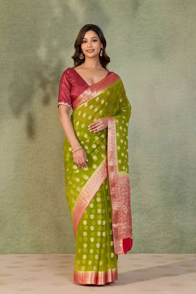 Green Woven Viscose Georgette Saree thumbnail image number null