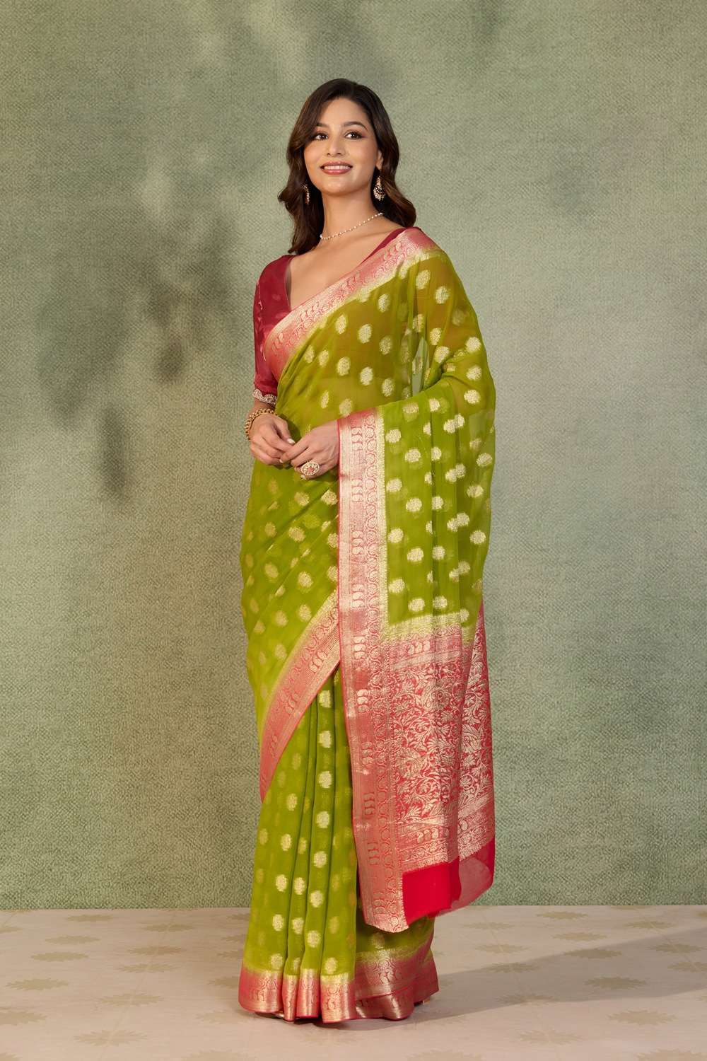 Green Woven Viscose Georgette Saree image number null