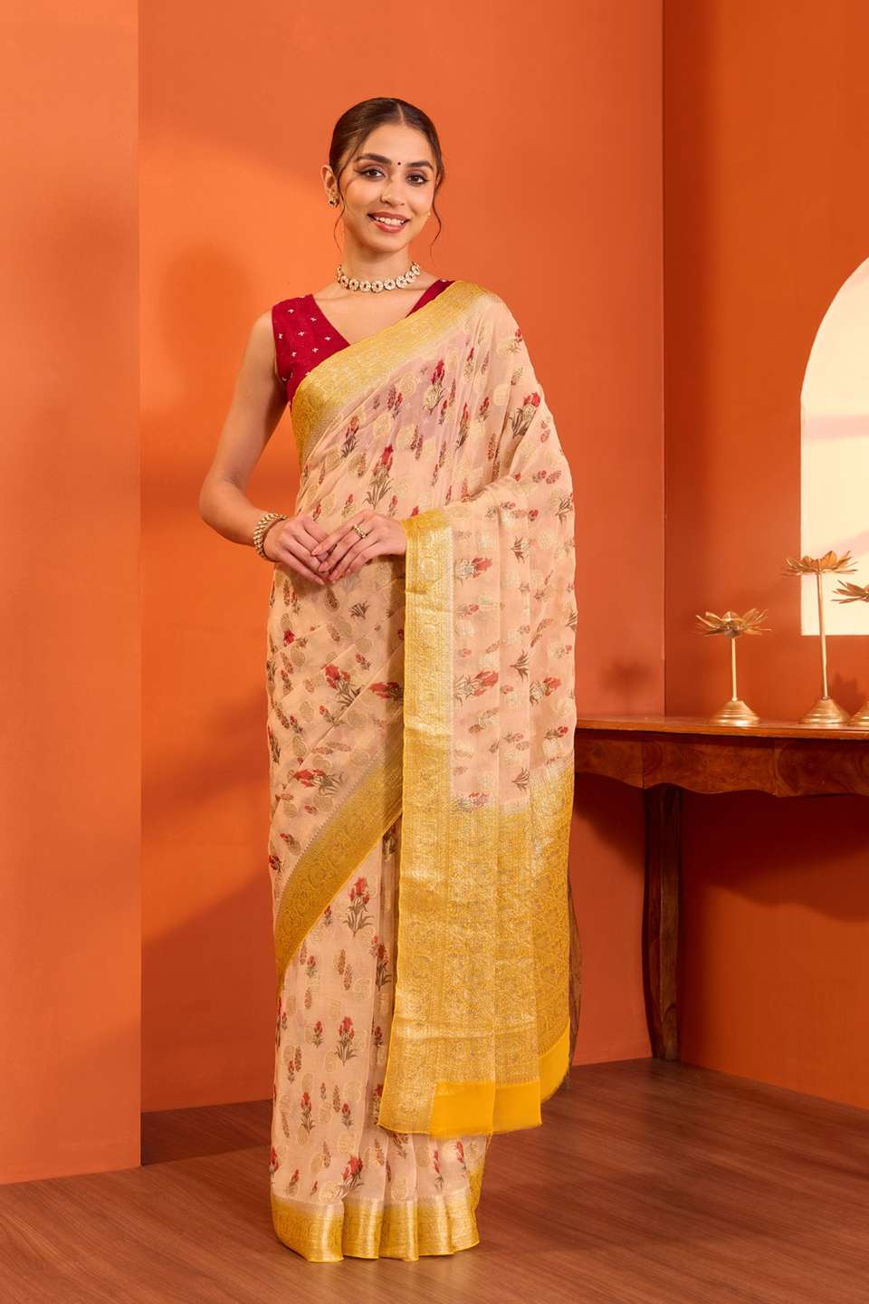 Beige  Printed Pure Viscose Saree