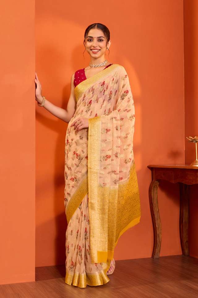 Beige  Printed Pure Viscose Saree thumbnail image number null