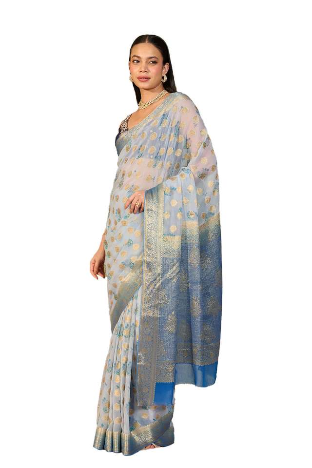 Blue Printed Viscose Georgette Saree image number