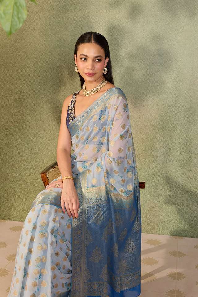 Blue Printed Viscose Georgette Saree thumbnail image number null