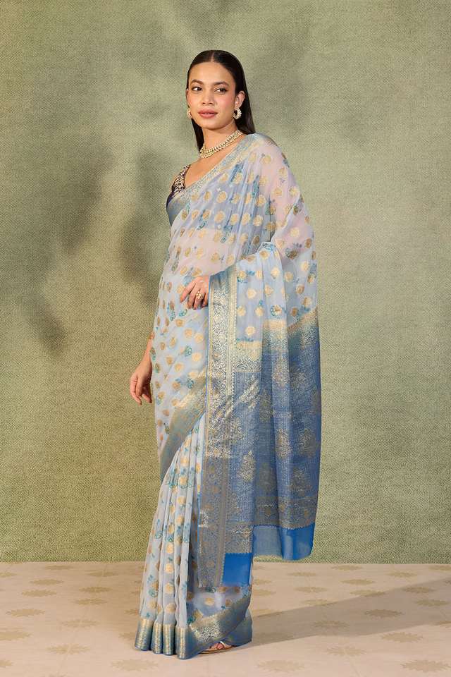 Blue Printed Viscose Georgette Saree thumbnail image number null