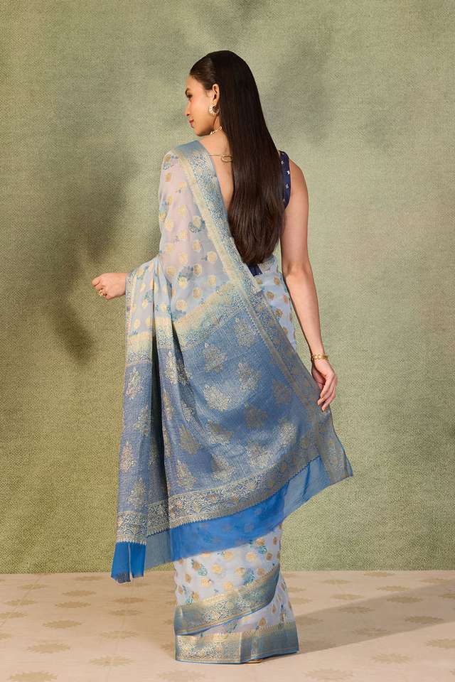 Blue Printed Viscose Georgette Saree thumbnail image number null