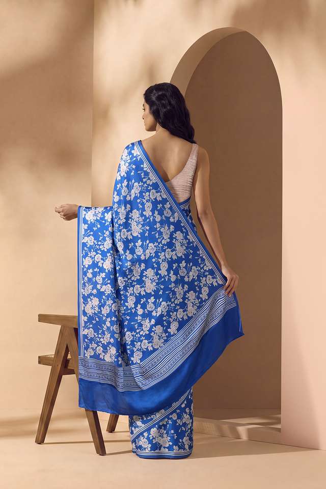 Blue Screen Printed Pure Viscose Saree thumbnail image number null