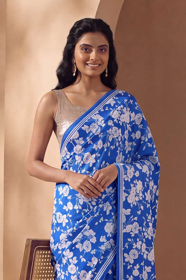 Blue Screen Printed Pure Viscose Saree thumbnail image number null