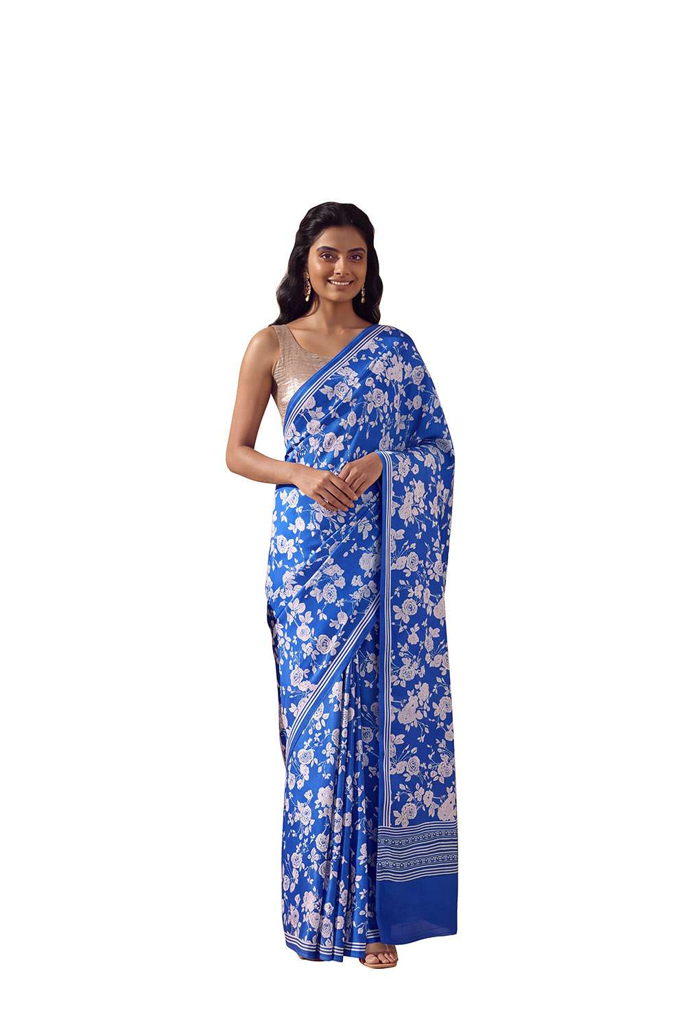 Blue Screen Printed Pure Viscose Saree image number null