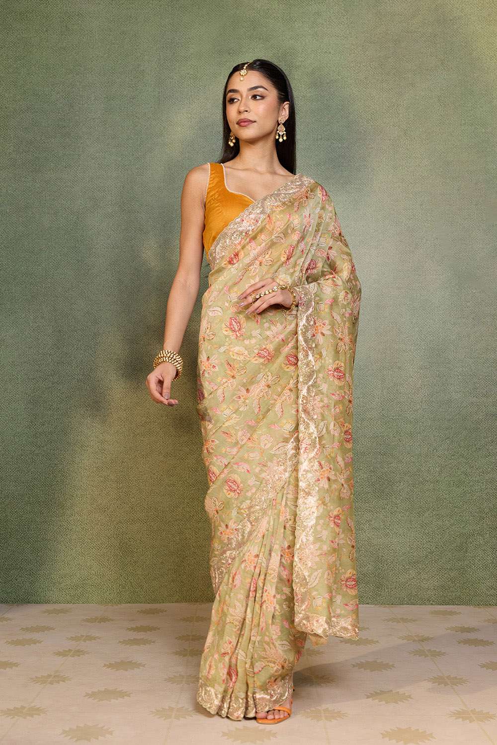 Light Green Embroidered Pure Viscose Saree image number null