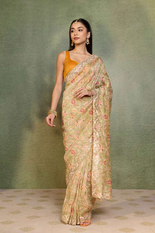 Light Green Embroidered Pure Viscose Saree thumbnail image number null