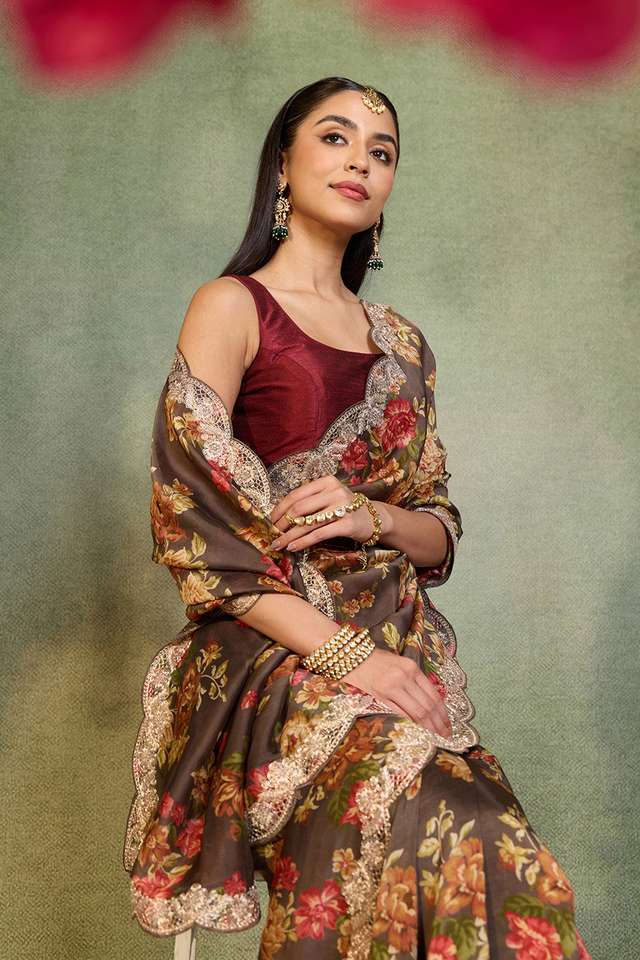 Brown Embroidered Pure Viscose Saree image number