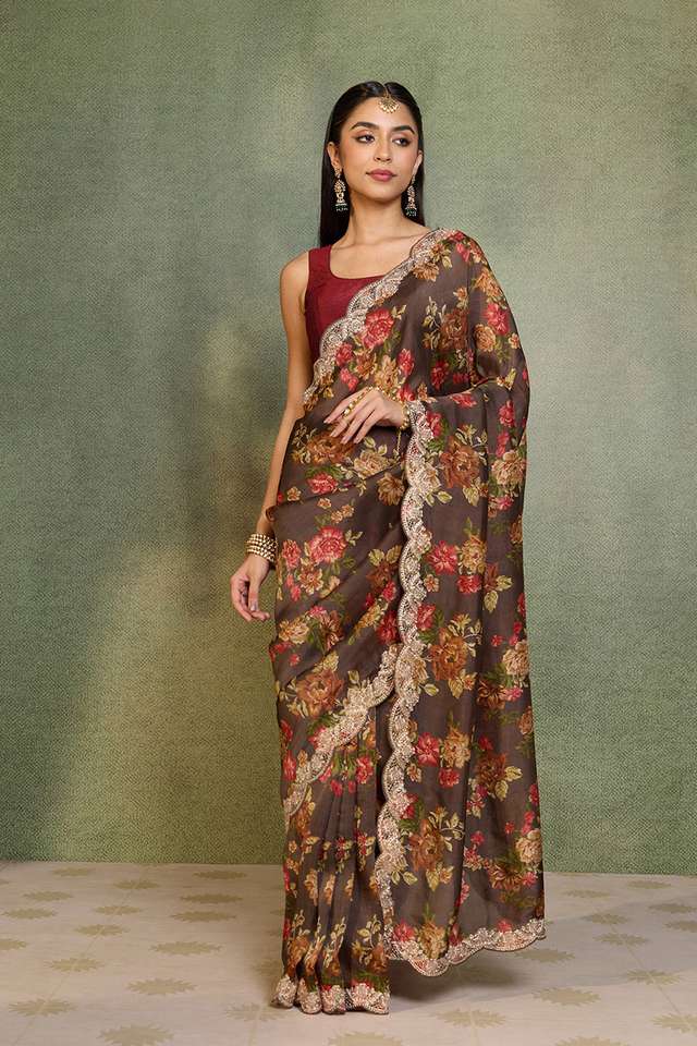 Brown Embroidered Pure Viscose Saree thumbnail image number null
