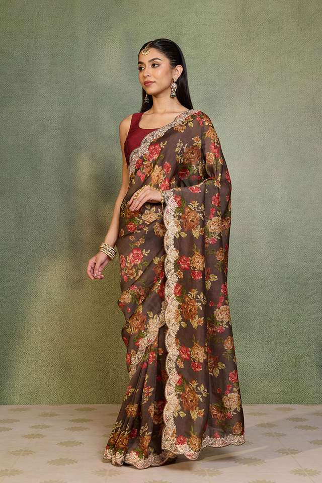 Brown Embroidered Pure Viscose Saree thumbnail image number null