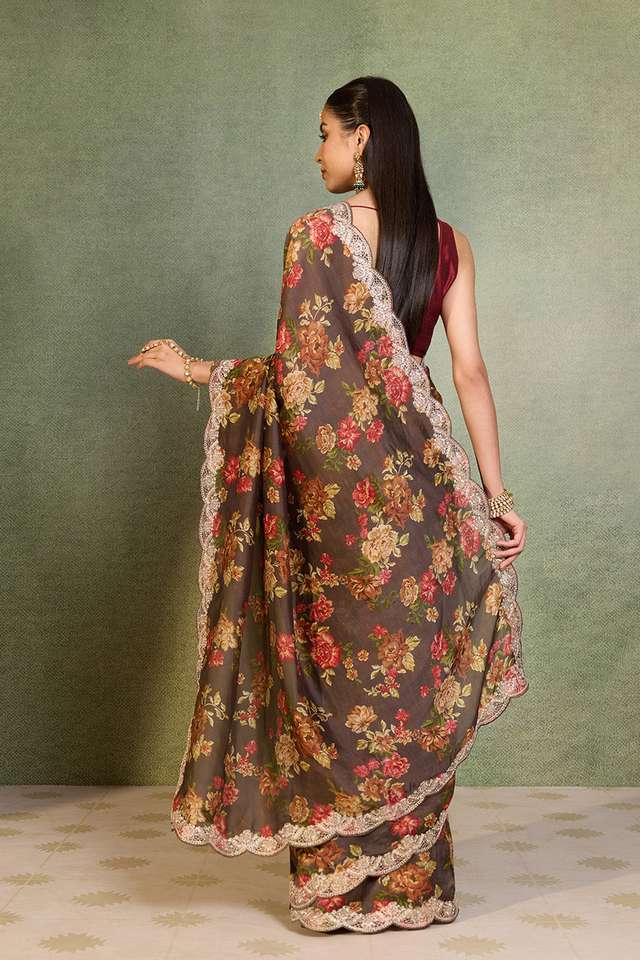 Brown Embroidered Pure Viscose Saree thumbnail image number null