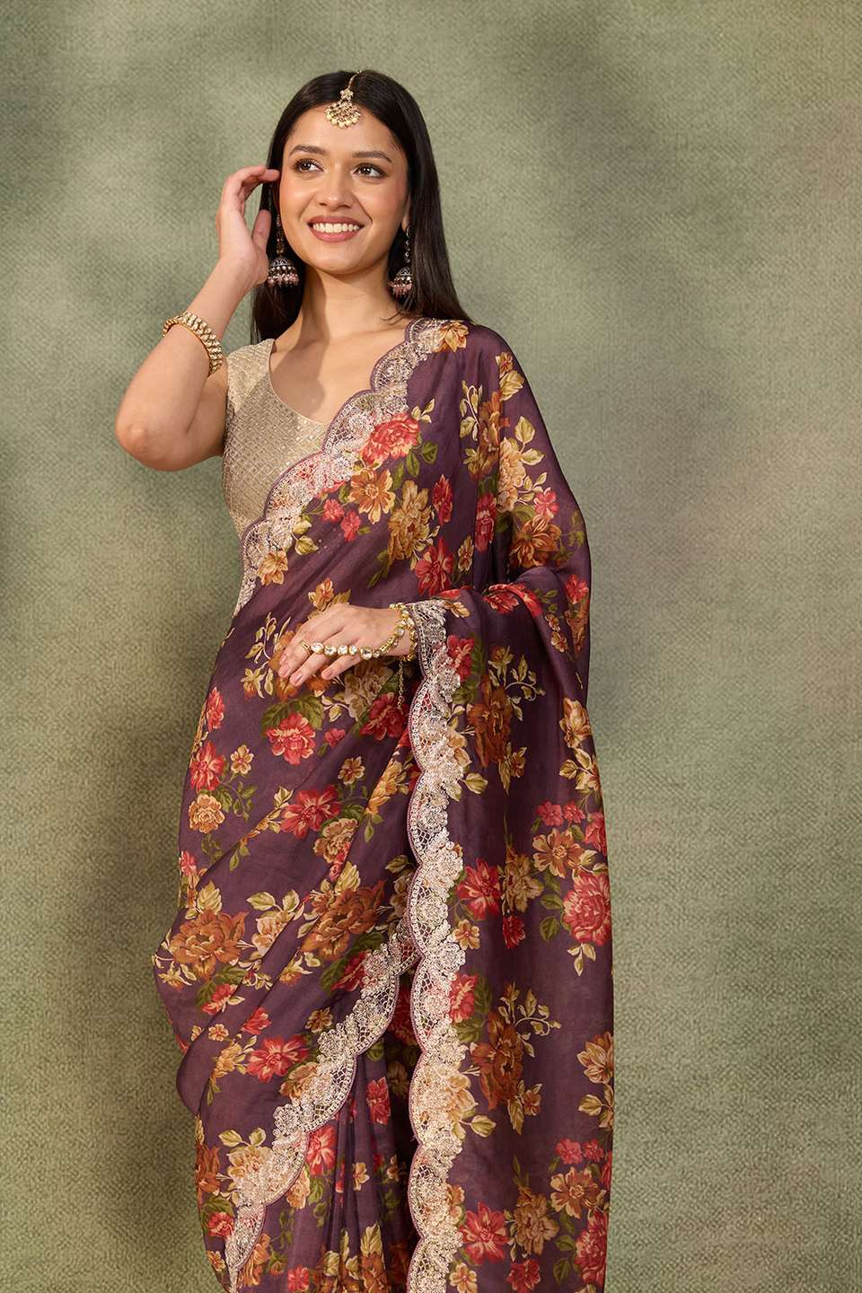 Purple Pure Viscose Printed Embroidered Saree