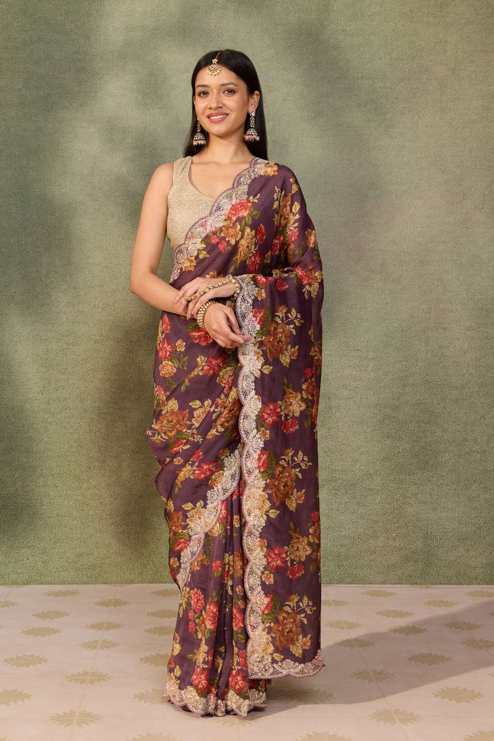 Purple Pure Viscose Printed Embroidered Saree image number null