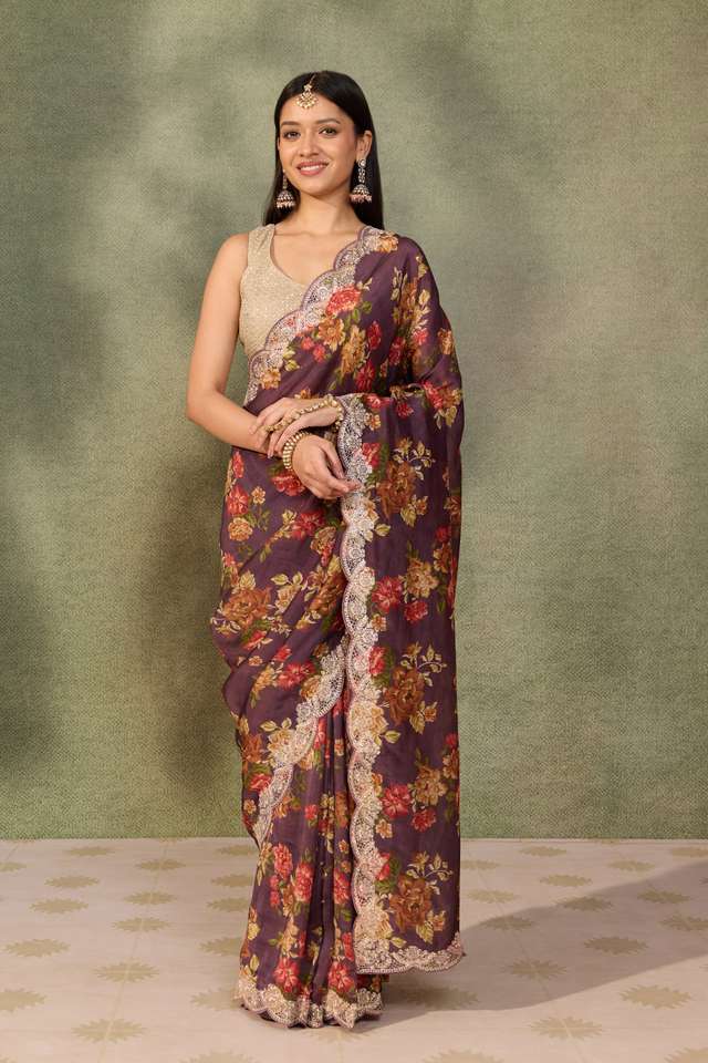 Purple Pure Viscose Printed Embroidered Saree thumbnail image number null