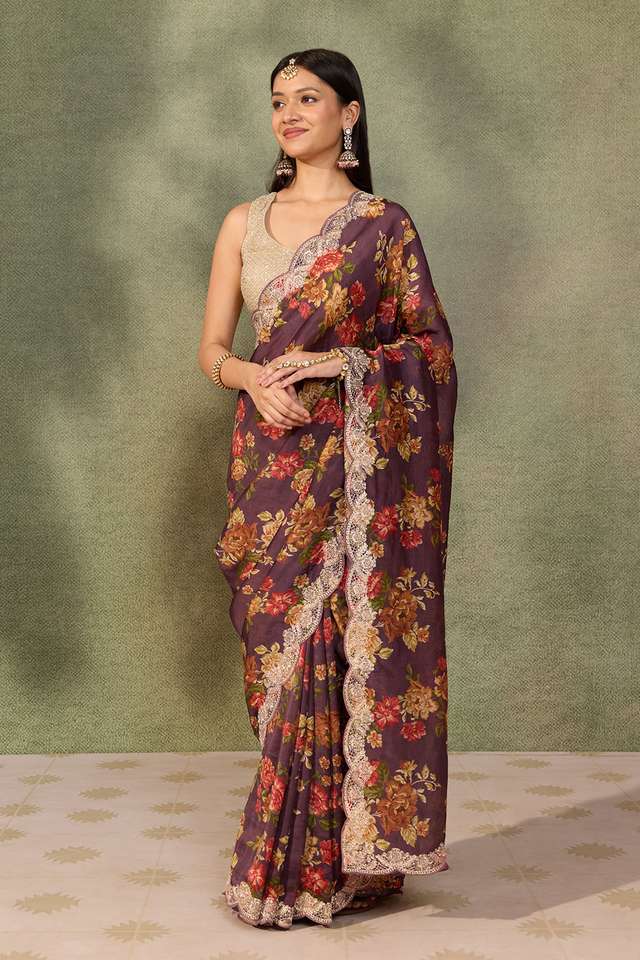 Purple Pure Viscose Printed Embroidered Saree thumbnail image number null