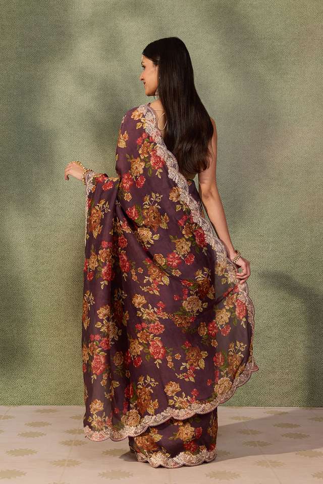 Purple Pure Viscose Printed Embroidered Saree thumbnail image number null