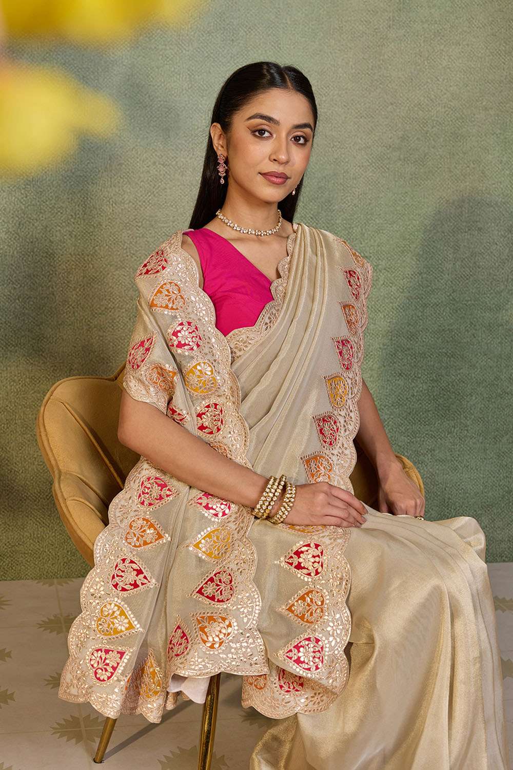 Beige Viscose Tissue Gota Patti Saree image number null