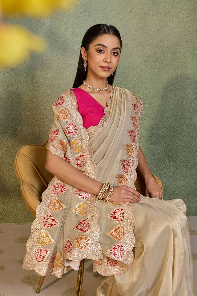 Beige Viscose Tissue Gota Patti Saree image number