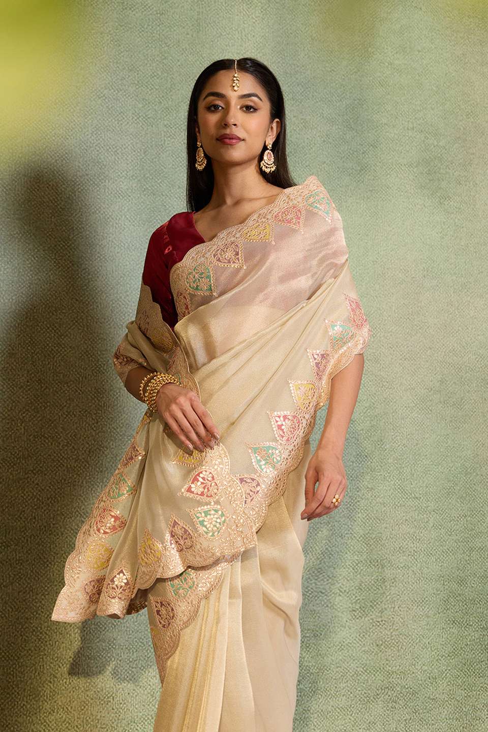 Off White Gota Patti Emroidery Viscose Tissue Saree
